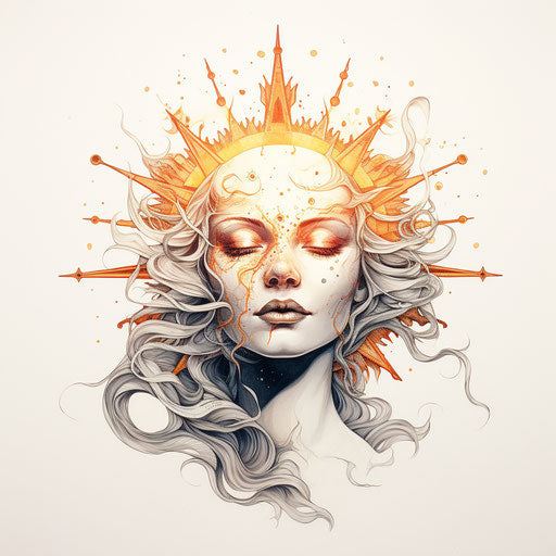 The face of a moon above a blazing sun