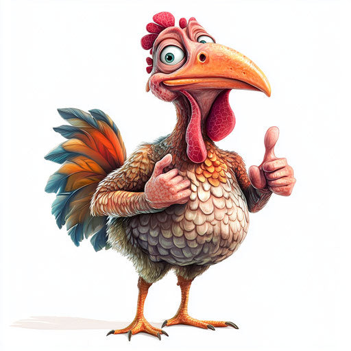 Humorous caricature of a Thanksgiving turkey with human characteristics