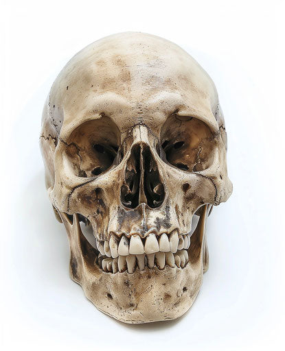 Human skull on white background, grandparentcore, gothcore style