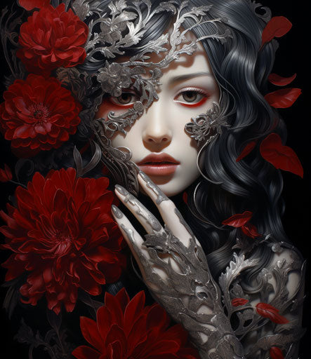 Woman wrapped with flower and heart, light silver and dark crimson style, lovely, eye-catching 13:15