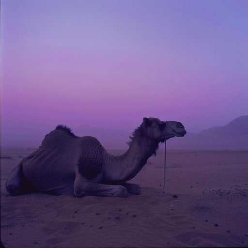 Camel's peaceful rest at dusk in the desert