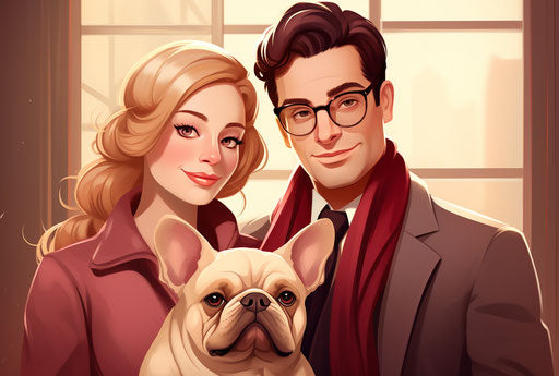 French bulldogs and their owners, in the style of light maroon and light gold, characterized animals 34:23