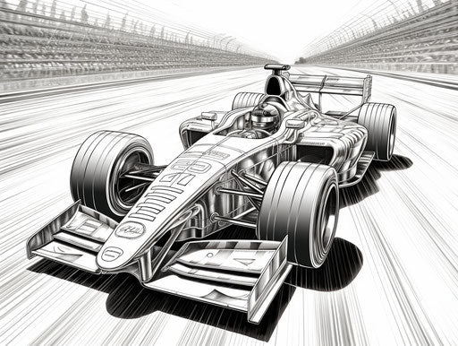 Racing car coloring page, circuitry style, blown-off-roof perspective