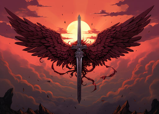 The wings of the sun and a sword, in the style of punk, anemoiacore, ashcan school, deathcore, #screenshotsaturday, high-angle, cranberrycore 25:18