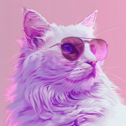Cat with sunglasses on pink background, light purple and light maroon style