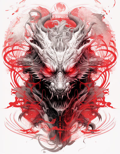 Red dragon on white background, black and white line work