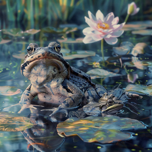 A mother frog watching over her tadpoles in a peaceful pond, a protective gaze.