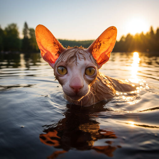 Cornish Rex swimming in a lake by the shore