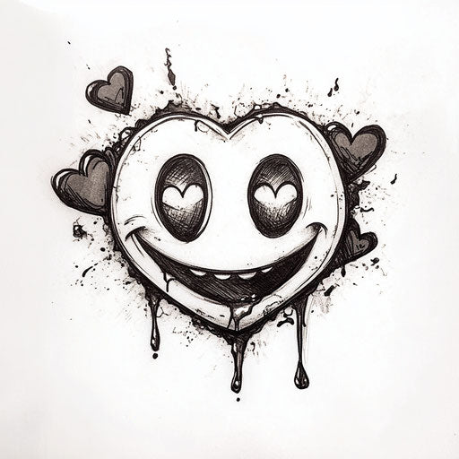 Flat smiley tattoo sketch with heart eyes on white background
