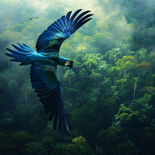 A blue macaw soaring over the diverse Amazon canopy