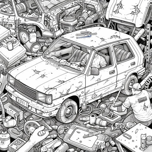 Dad fixing a car with tools, coloring book page