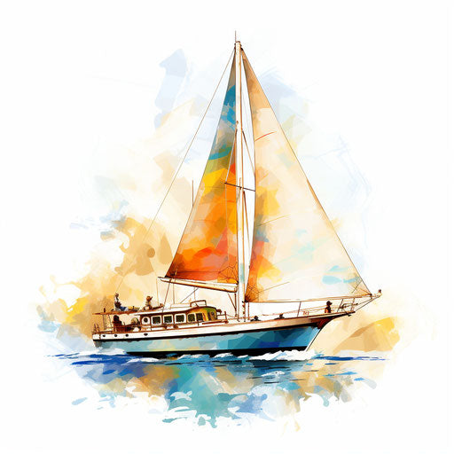 Illustration of yacht in the style of Impressionistic Art, on white background