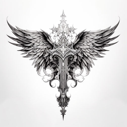 Tattoo designs for wings with cross, dark silver style