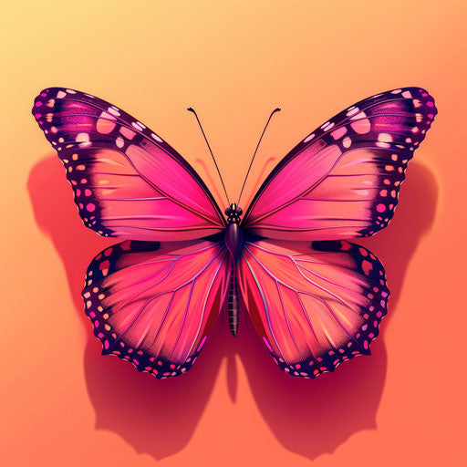 Realistic pink butterfly on sunset orange background