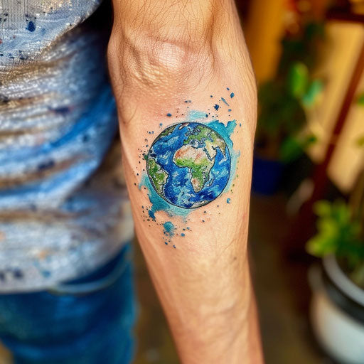 Watercolor effect in a flat Earth tattoo sketch, blending blues and greens fluidly