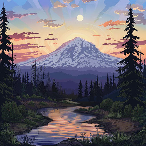 Drawing of Mt Rainier and Pacific landscape at sunset