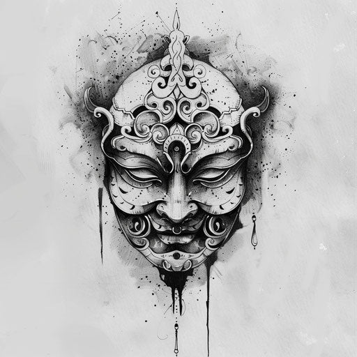 Cultural flat tattoo sketch of a traditional mask in micro-realism