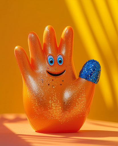Orange hand figurine with blue bandaid, Pixar style