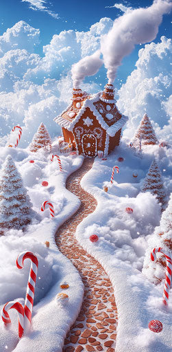Winding path to elaborate gingerbread house in the clouds