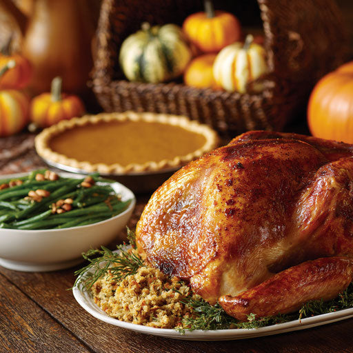 A Festive Autumn Feast with Turkey and Pumpkin Pie