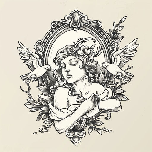 Playful flat tattoo sketch of Venus with a mirror and doves, soft grey and white, clipart style
