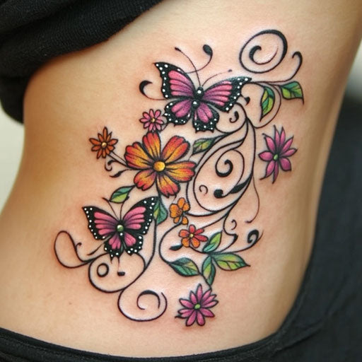 Elegant floral rib tattoos for women with butterflies Humberto Ramos style