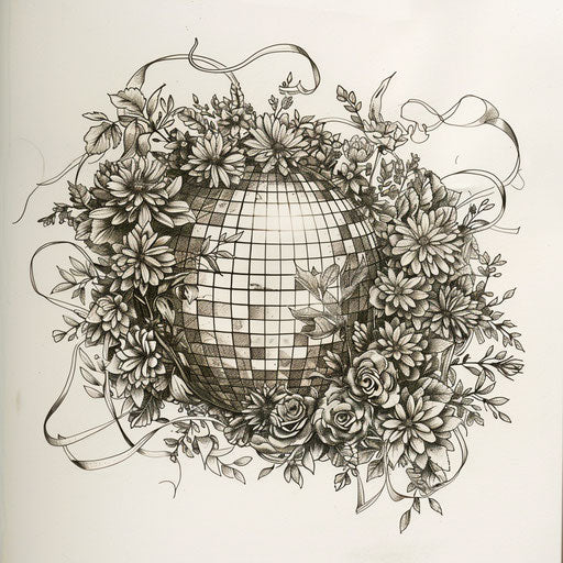Botanical disco ball tattoo with flowers and vines