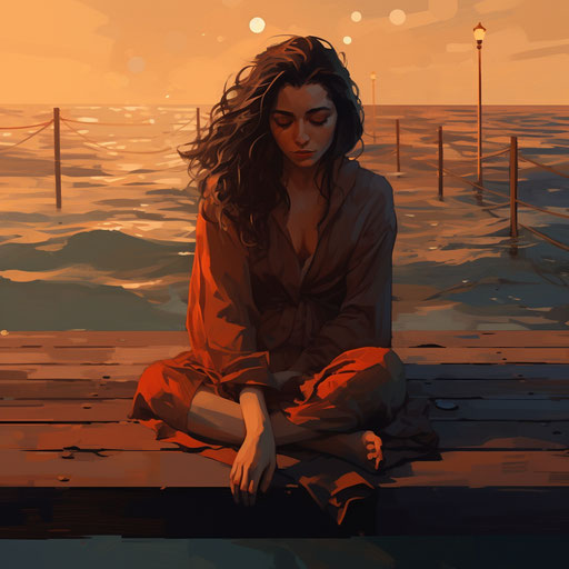 Sad woman on pier at beach