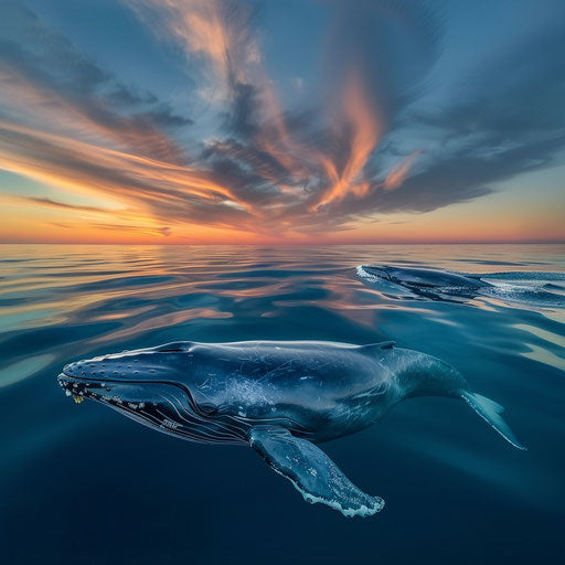 The gentle giants of the sea: a mother blue whale and her calf swimming close to the surface in the tranquil waters of the Gulf of Mexico, with a colorful sunset sky.
