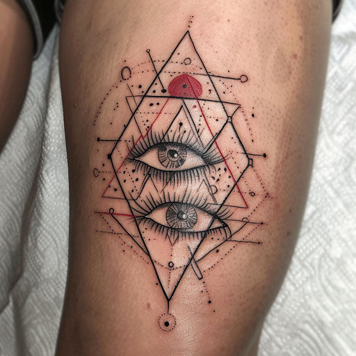 Geometric curse mark: triangles and eyes in black and red ink