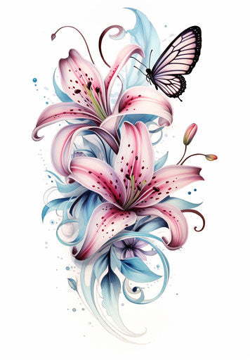 Pink lilies on white butterfly tattoo, light magenta and dark cyan style, flower patterns