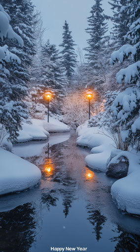 Snowy landscape with glowing lights, serene pond surrounded by snow-covered trees and white fog, creating an enchanting winter wonderland