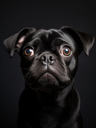 Black pug dog looking up, trapped emotions depicted