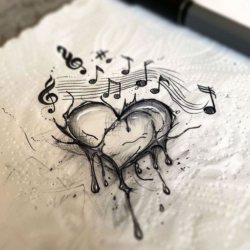 Flat tattoo sketch of a heart crying musical notes