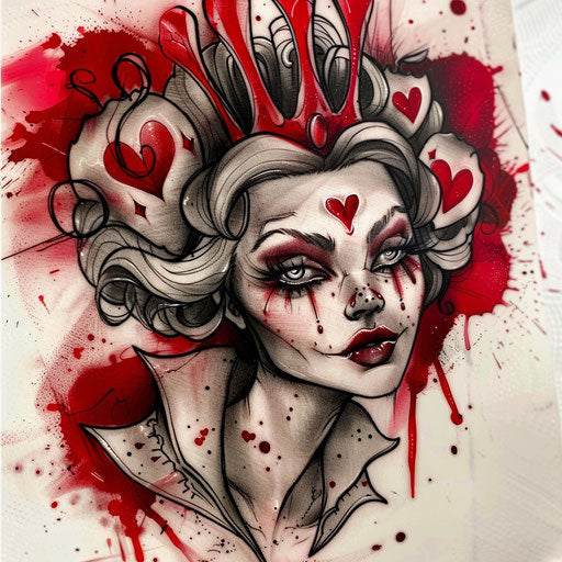 Queen of Hearts tattoo on white background with red accents