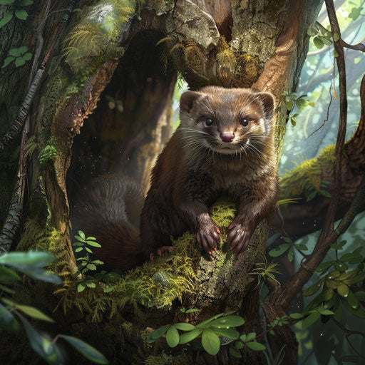 A wild mink surveys its surroundings from a hollow tree