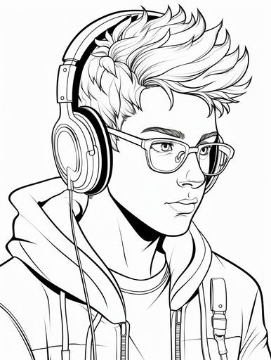 Boy with glasses and headphones, coloring page