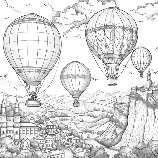 Colorful hot air balloons floating over a scenic landscape