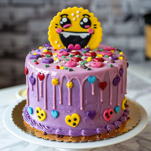 Festive purple cake with joyful emoji face