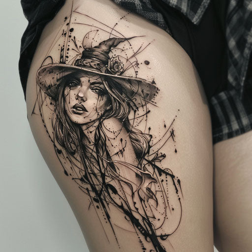 Witch tattoo ideas and designs in expressive line style, dark white and gray, witchcore