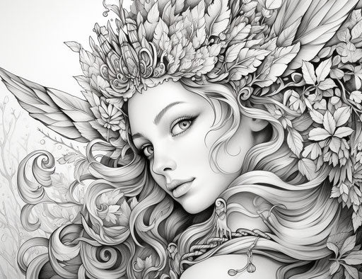 Fairy coloring image of the outline art pencil, sculpted and energetic style