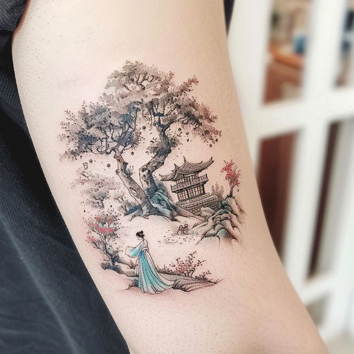 Colorful tattoo of Korean folk tale scene on white background