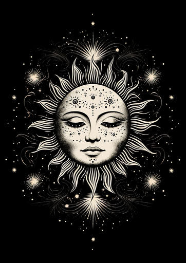Sun, moon and stars with moon tattoo symbol, psychedelic style
