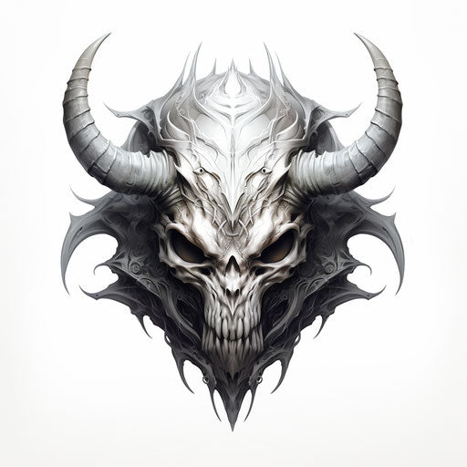 Elven skull with thick horns, demonic photo style