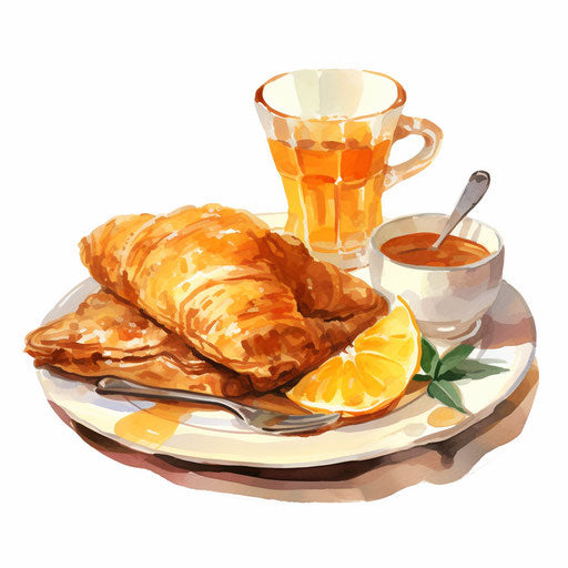 Breakfast illustration in the style of oil painting, on white background