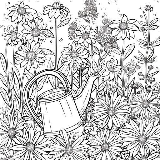 Watering can watering flowers, coloring book page