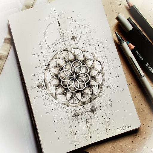 Zen style tattoo sketch of the Flower of Life, with minimalist zen circle (enso) elements