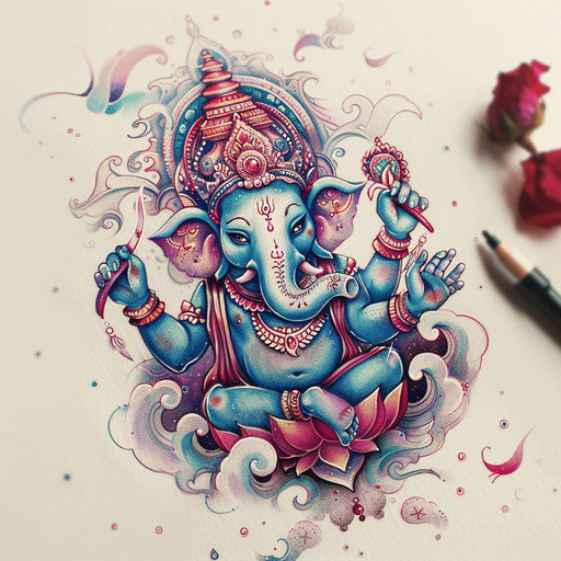 Dreamy tattoo sketch of Ganesha with pastel clouds and whimsical elements