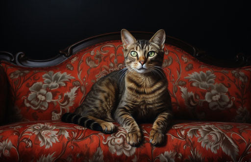 Tabby cat sitting on a black couch, in the style of Bengal school of art, sumatraism 17:11