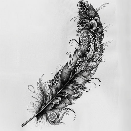 Elaborate feather tattoo design with lace patterns on white paper